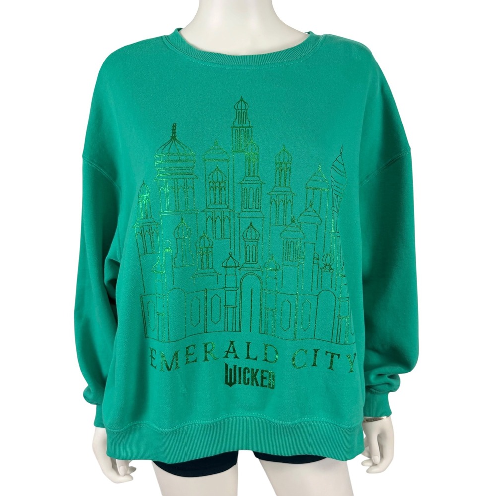 Official Wicked Emerald City Green Glitter Graphic Crewneck Sweatshirt Womens L